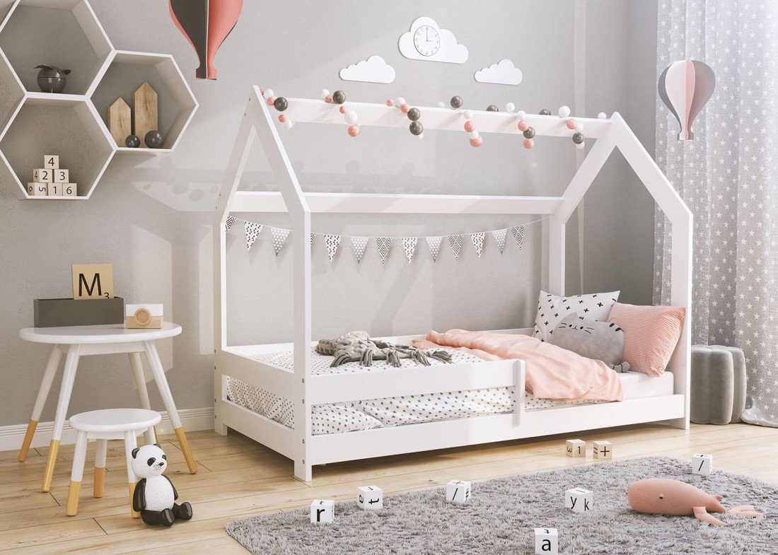 Lettino Montessori 80x160 cm a Casetta Bianco e sponde D5