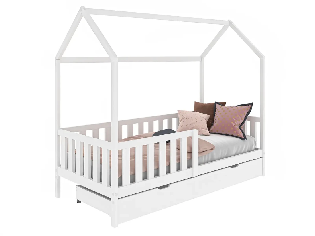 Lettino Montessori 80x160 cm a Casetta Bianco con cassettone e sponde D7S