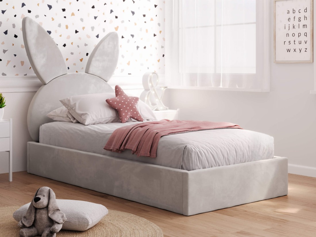 Letto imbottito per bambini 90x200 con struttura in velluto grigio Kids Line 2 Coniglio