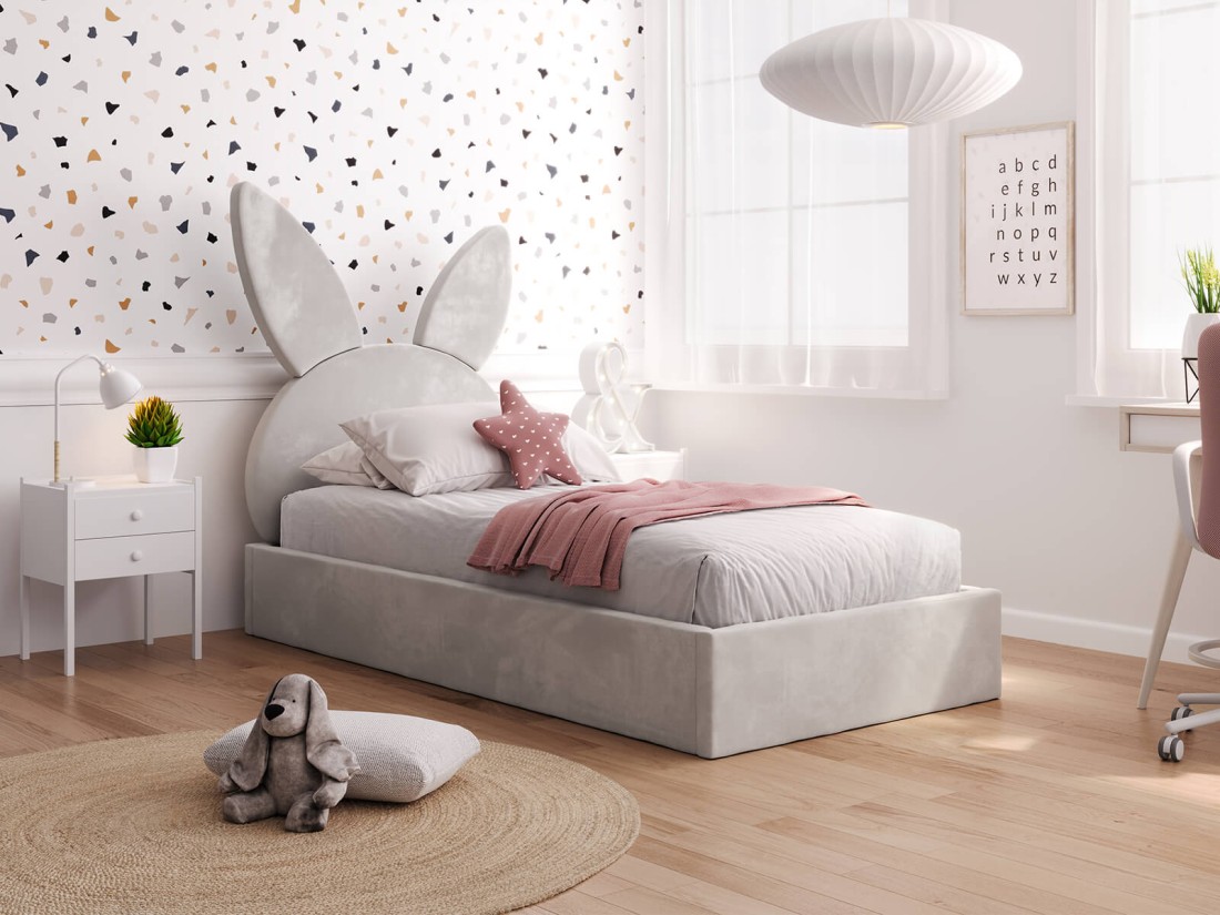 Letto imbottito per bambini 90x200 con struttura in velluto grigio Kids Line 2 Coniglio