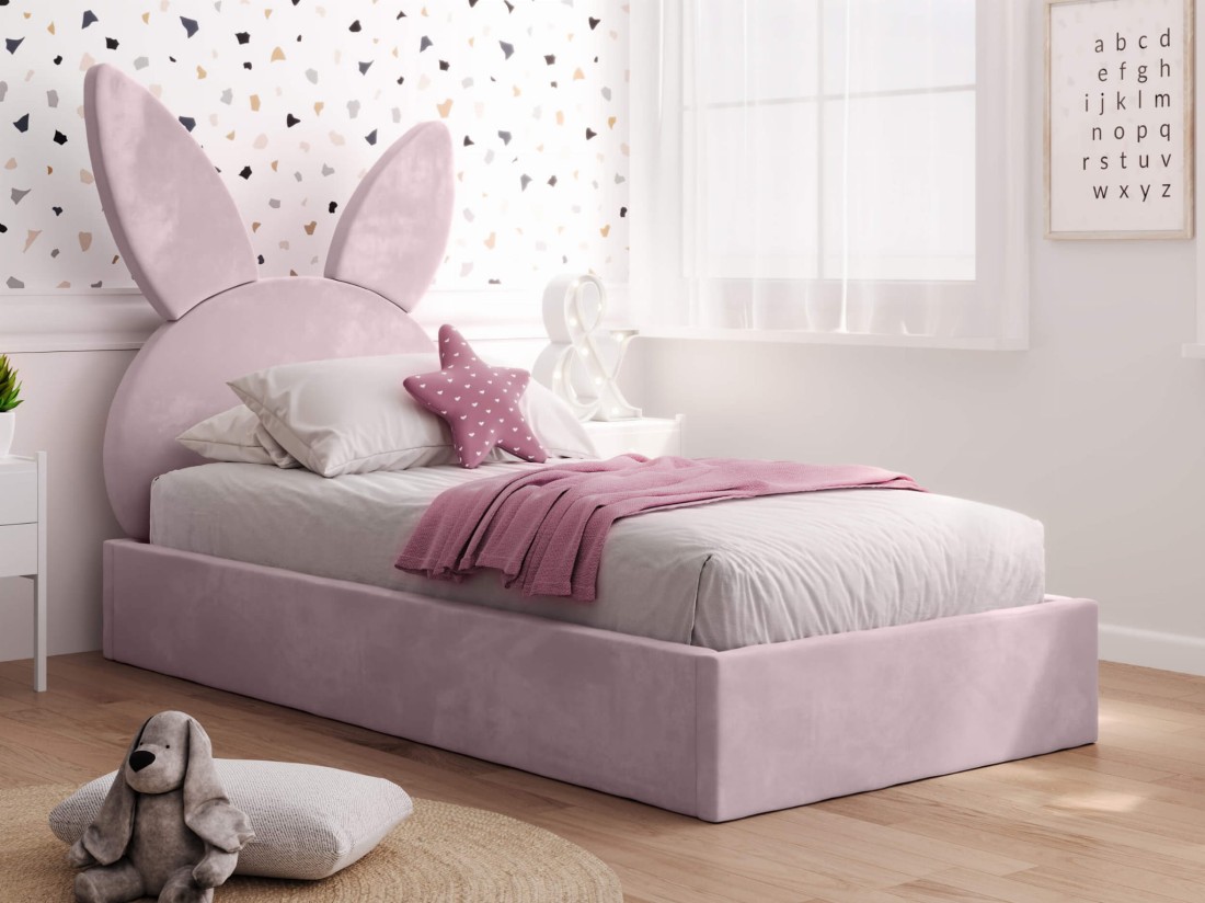 Letto imbottito per bambini 90x200 con struttura in velluto rosa Kids Line 2 Coniglio
