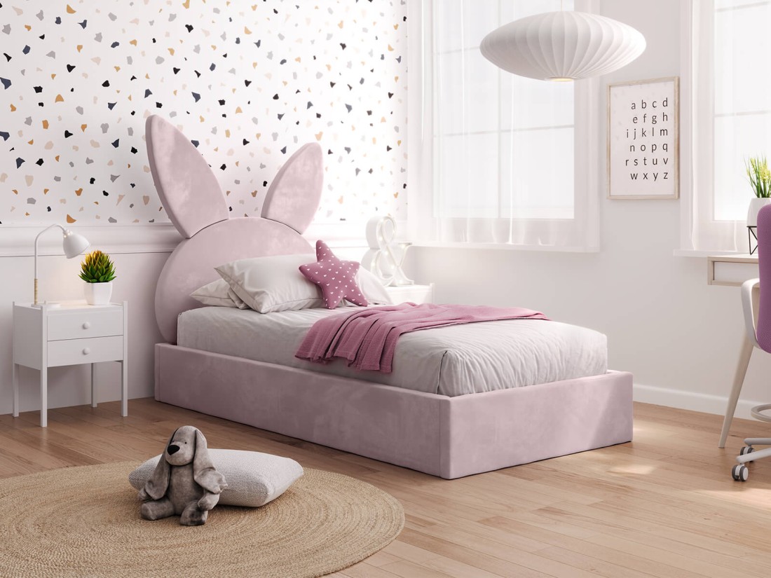 Letto imbottito per bambini 90x200 con struttura in velluto rosa Kids Line 2 Coniglio