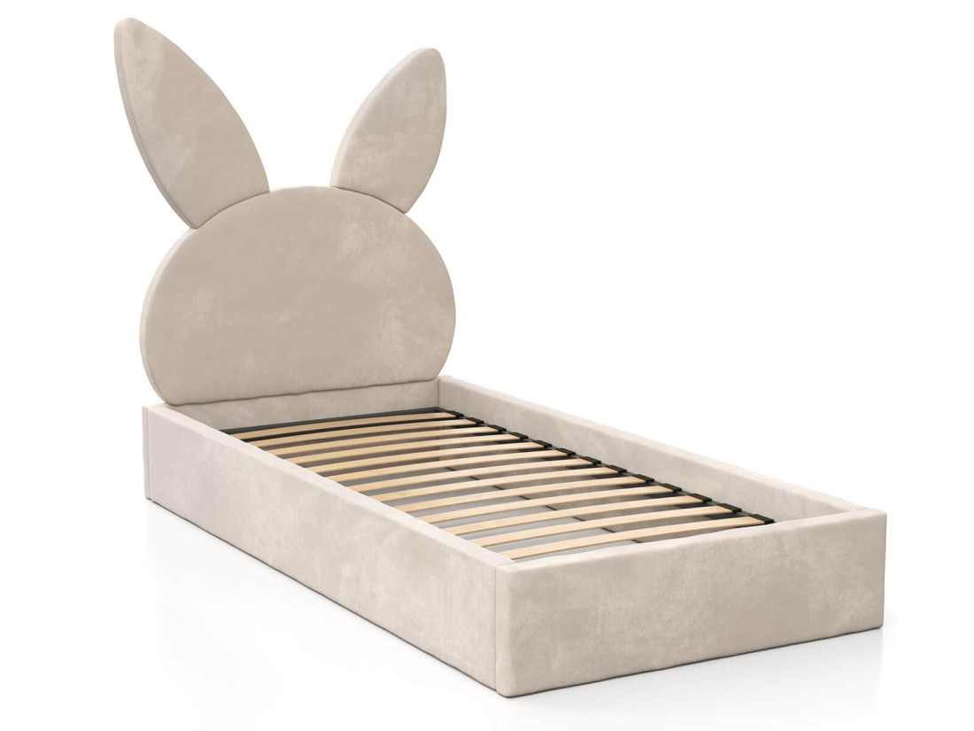 Letto imbottito per bambini con contenitore 90x200 con struttura in velluto beige Kids Line 2 Coniglio
