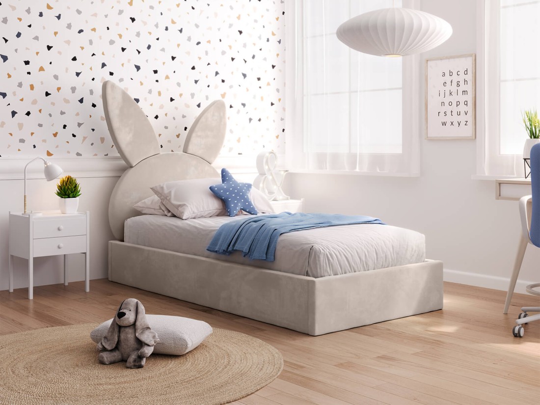 Letto imbottito per bambini con contenitore 90x200 con struttura in velluto beige Kids Line 2 Coniglio