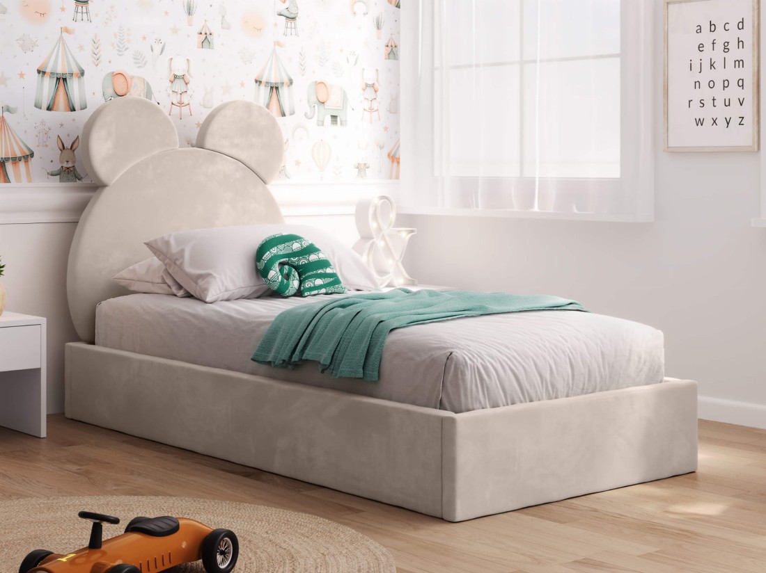 Letto imbottito per bambini con contenitore 90x200 con struttura in velluto beige Kids Line 1 Orsacchiotto