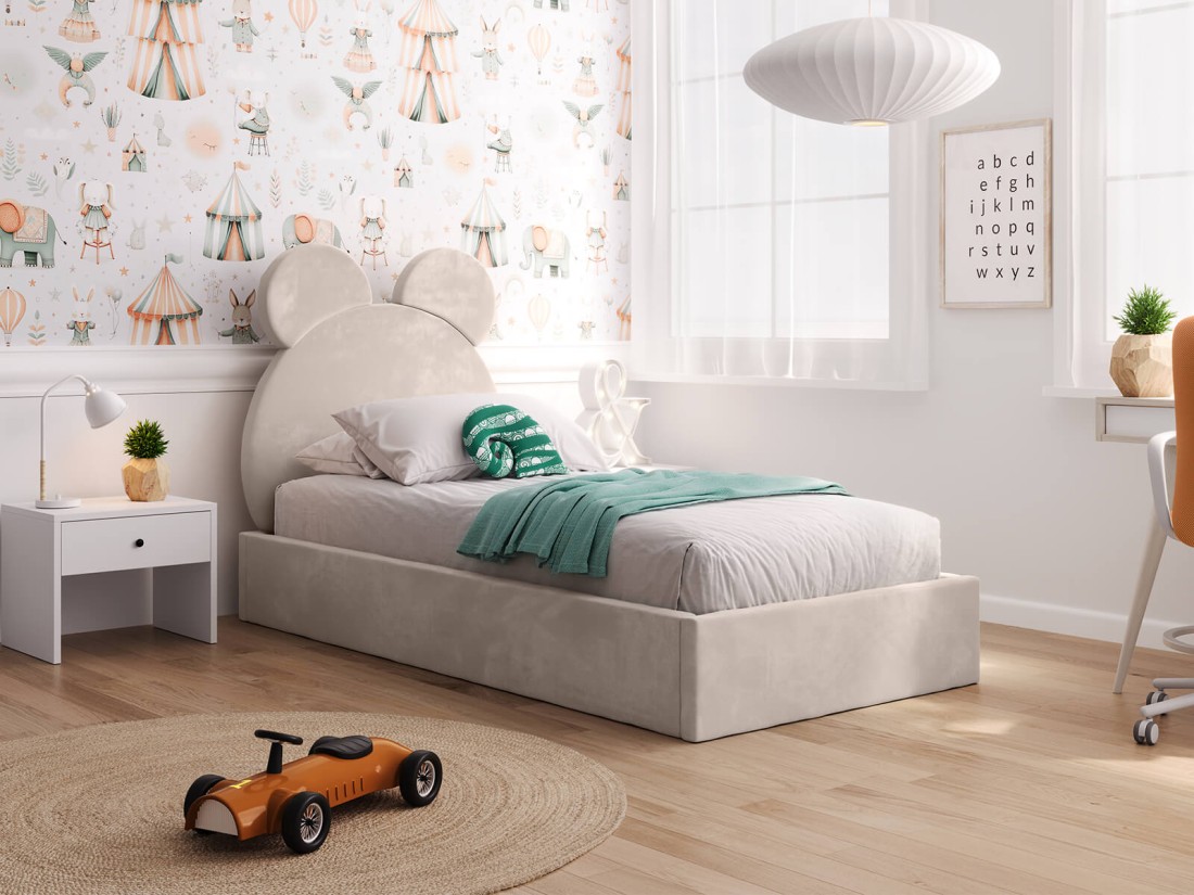Letto imbottito per bambini con contenitore 90x200 con struttura in velluto beige Kids Line 1 Orsacchiotto