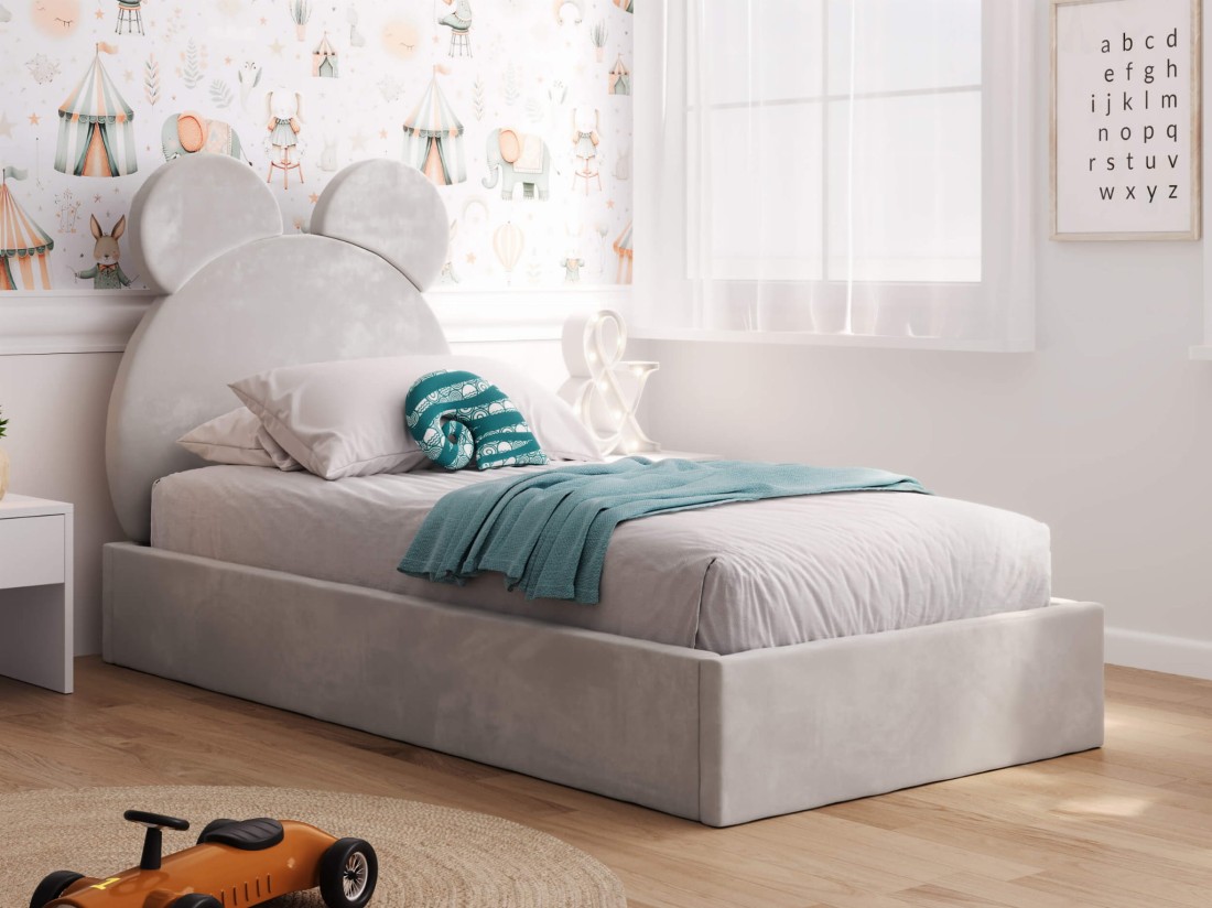 Letto imbottito per bambini con contenitore 90x200 con struttura in velluto grigio Kids Line 1 Orsacchiotto