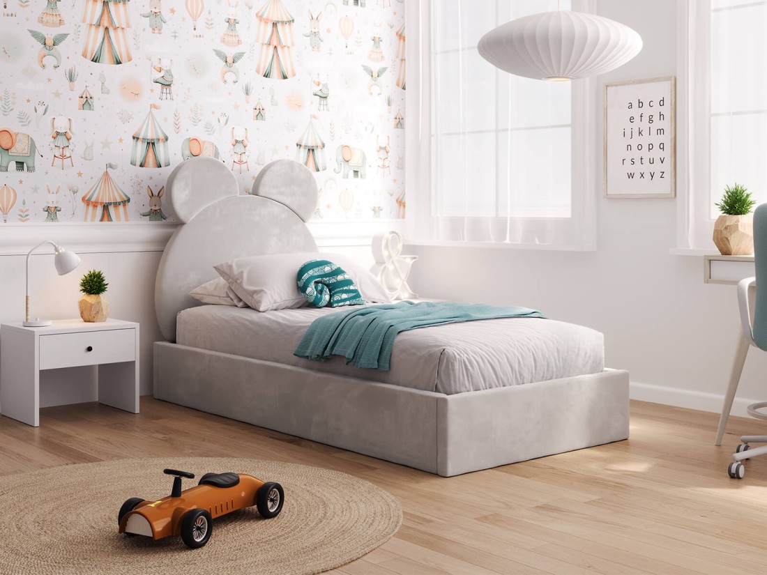 Letto imbottito per bambini con contenitore 90x200 con struttura in velluto grigio Kids Line 1 Orsacchiotto