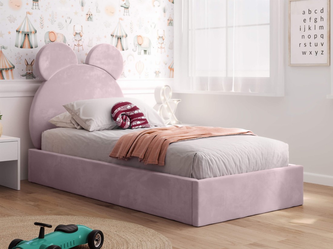 Letto imbottito per bambini con contenitore 90x200 con struttura in velluto rosa Kids Line 1 Orsacchiotto