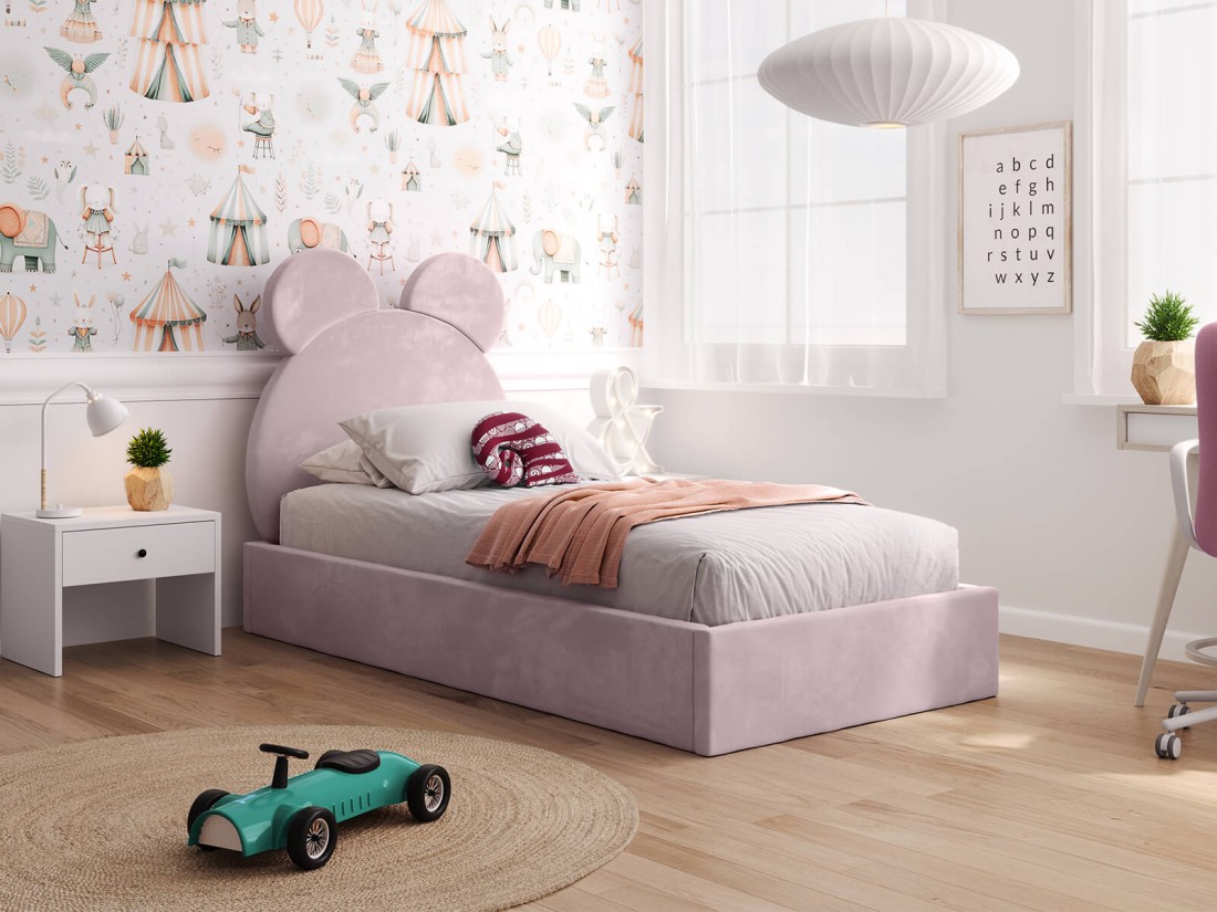 Letto imbottito per bambini con contenitore 90x200 con struttura in velluto rosa Kids Line 1 Orsacchiotto