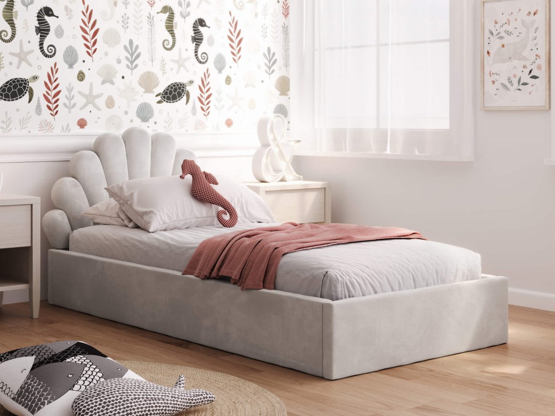 Letto imbottito per bambini con contenitore 90x200 con struttura in velluto grigio Kids Line 3 conchiglia di mare