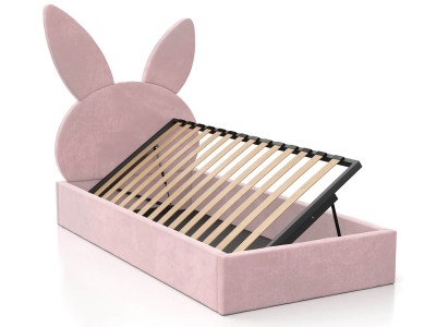 Letto imbottito per bambini con contenitore 90x200 con struttura in velluto rosa Kids Line 2 Coniglio