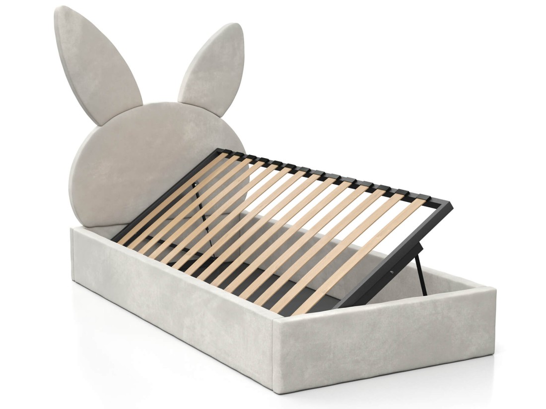 Letto imbottito per bambini con contenitore 90x200 con struttura in velluto grigio Kids Line 2 Coniglio