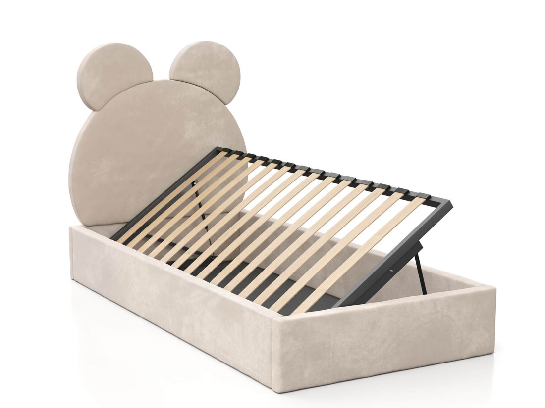 Letto imbottito per bambini con contenitore 90x200 con struttura in velluto beige Kids Line 1 Orsacchiotto