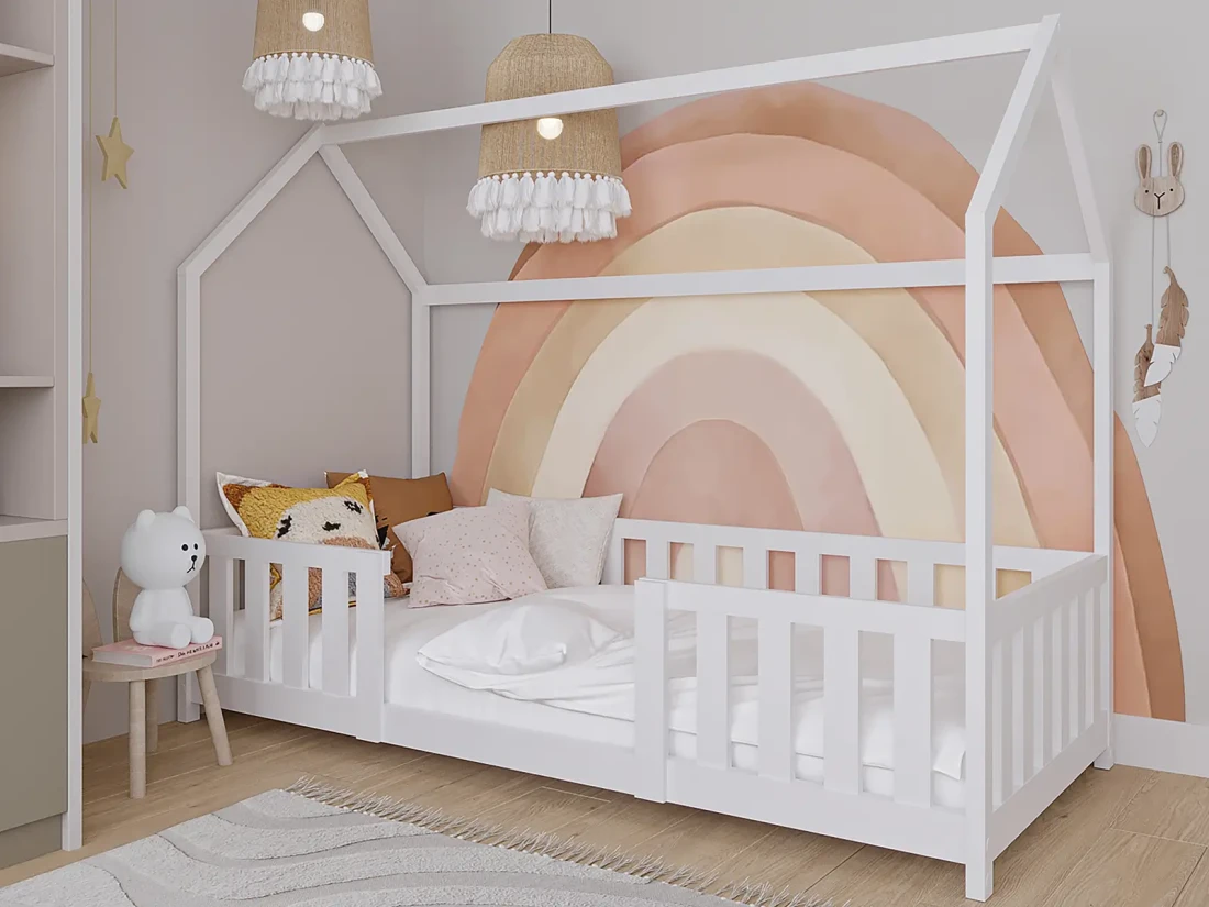 Lettino Montessori 80x160 cm a Casetta Bianco e sponde D8