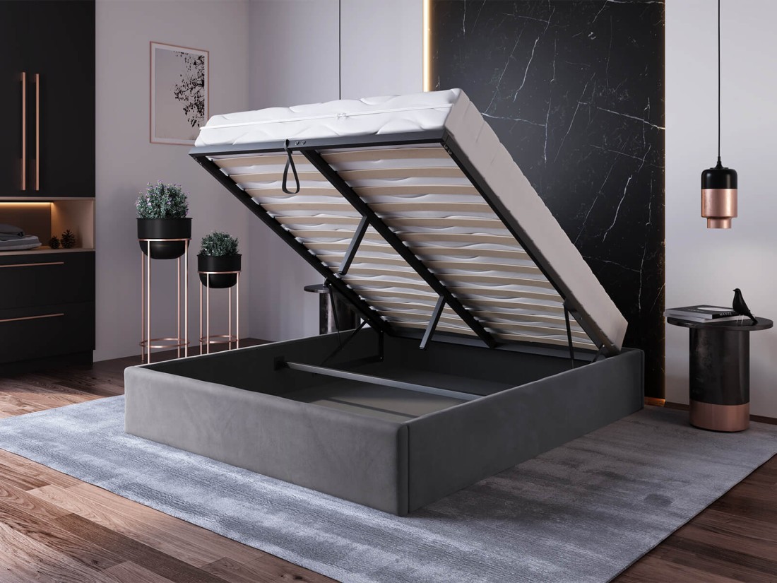 Letto imbottito 180x200 con contenitore, senza testiera Grafite Velvet Box Line