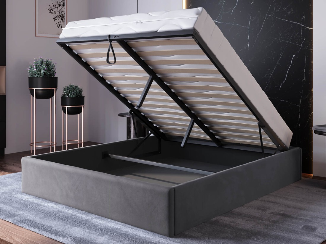 Letto imbottito 160x200 con contenitore, senza testiera Grafite Velvet Box Line