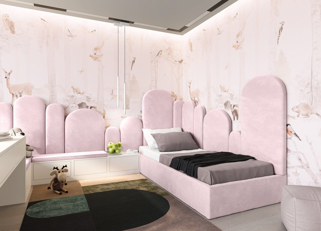 Letto imbottito per bambini con contenitore 90x200 con struttura in velluto rosa Kids Line Box