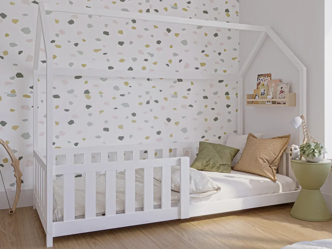 Lettino Montessori 80x160 cm a Casetta Bianco e sponde D7