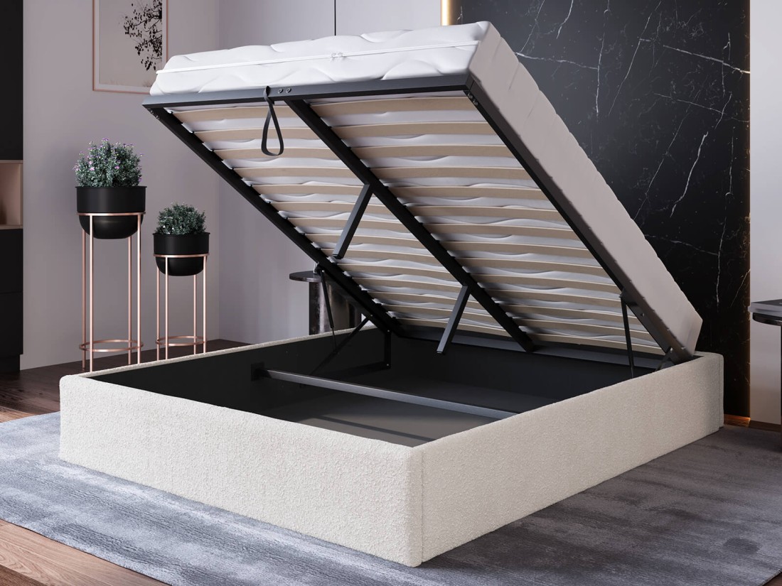 Letto imbottito 180x200 con contenitore, senza testiera Crema Boucle Box Line