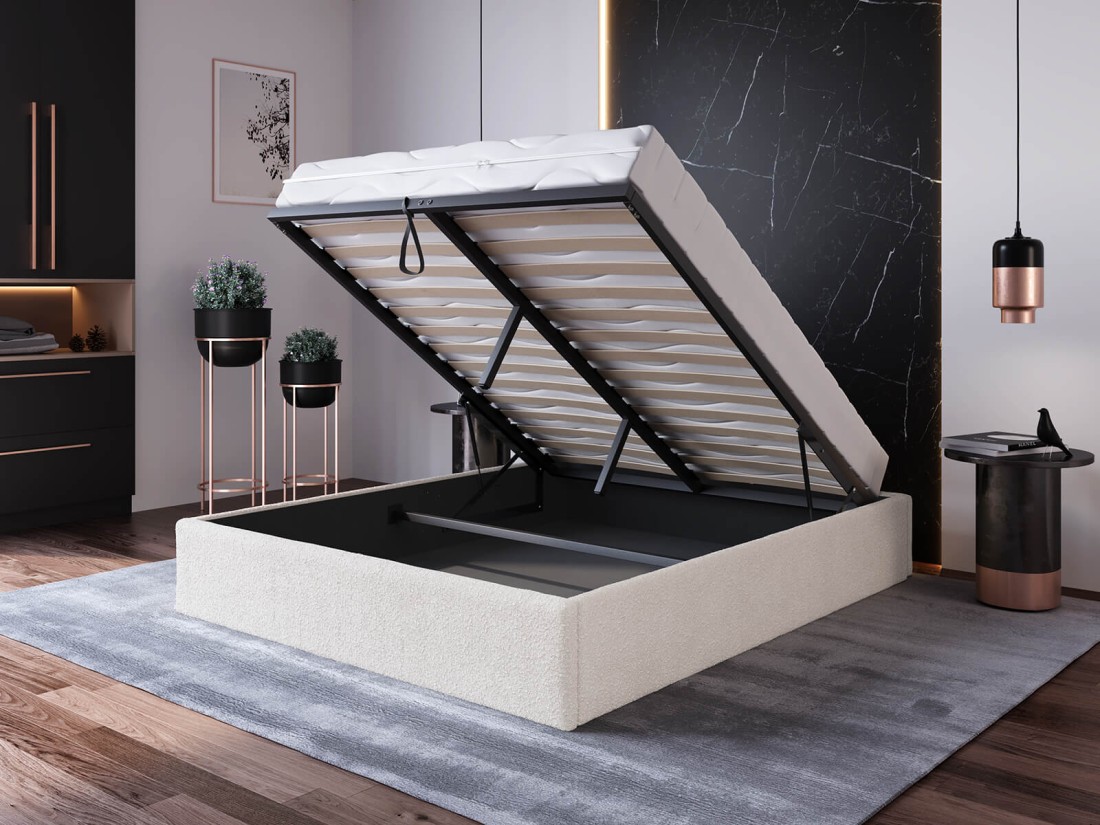 Letto imbottito 180x200 con contenitore, senza testiera Crema Boucle Box Line