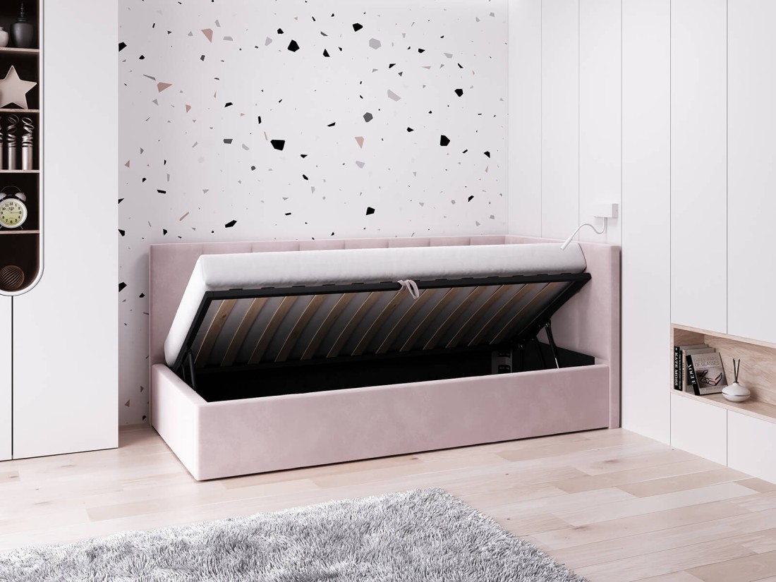 Divano singolo imbottito 90x200 con contenitore con struttura, Tom Velvet Rosa