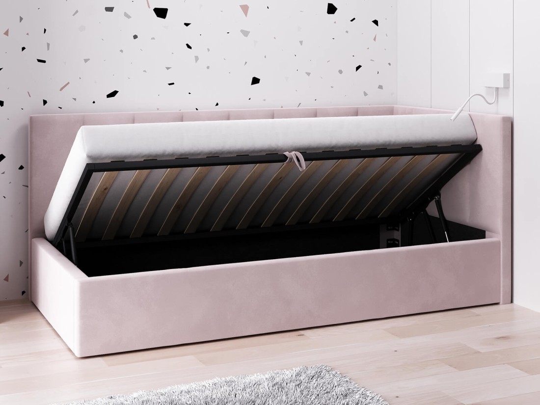 Divano singolo imbottito 90x200 con contenitore con struttura, Tom Velvet Rosa