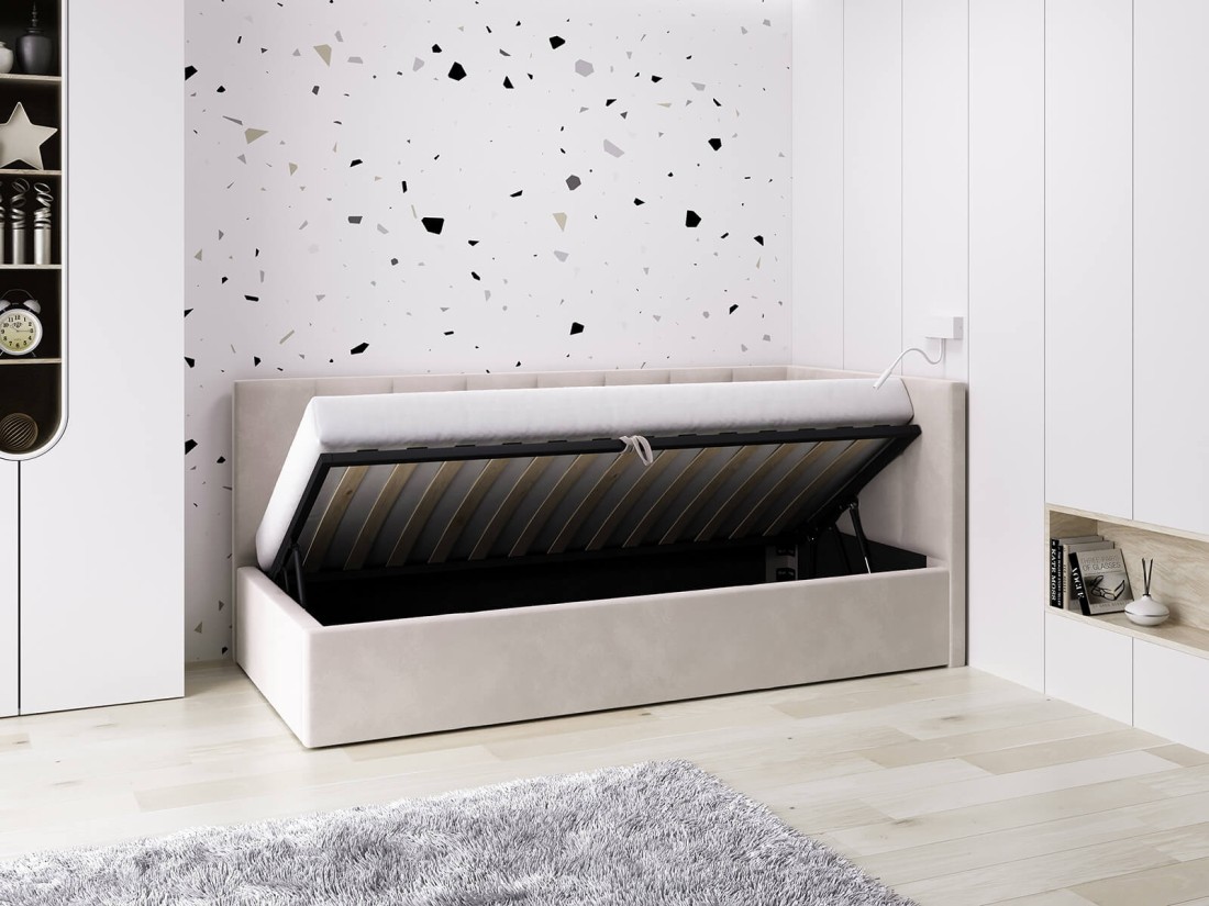 Divano singolo imbottito 90x200 con contenitore con struttura, Tom Velvet Beige