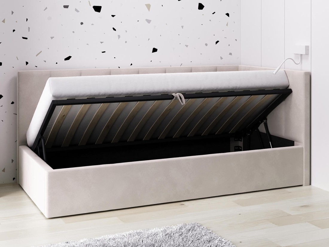 Divano singolo imbottito 90x200 con contenitore con struttura, Tom Velvet Beige