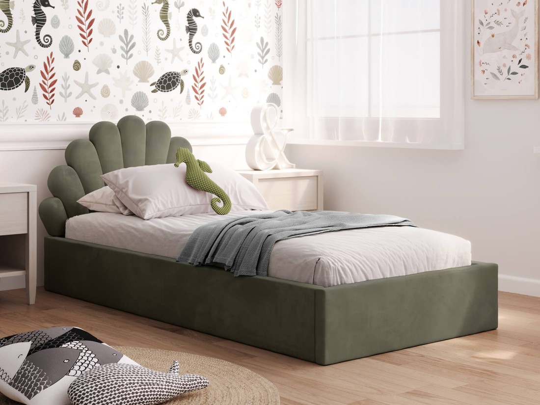 Letto imbottito per bambini con contenitore 90x200 con struttura in velluto oliva Kids Line 3 conchiglia di mare