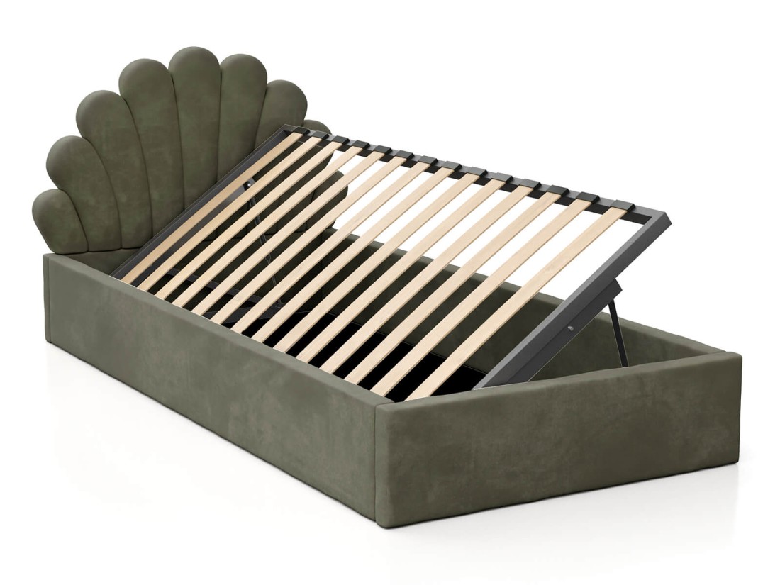 Letto imbottito per bambini con contenitore 90x200 con struttura in velluto oliva Kids Line 3 conchiglia di mare