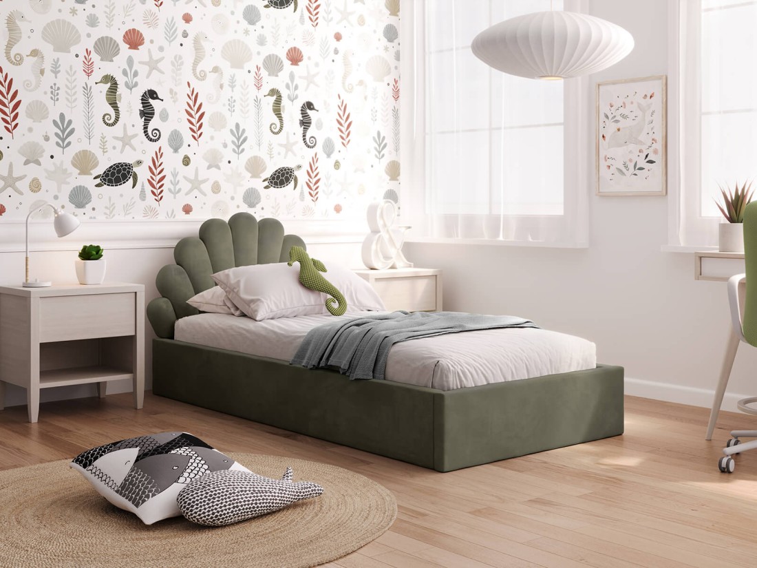 Letto imbottito per bambini con contenitore 90x200 con struttura in velluto oliva Kids Line 3 conchiglia di mare