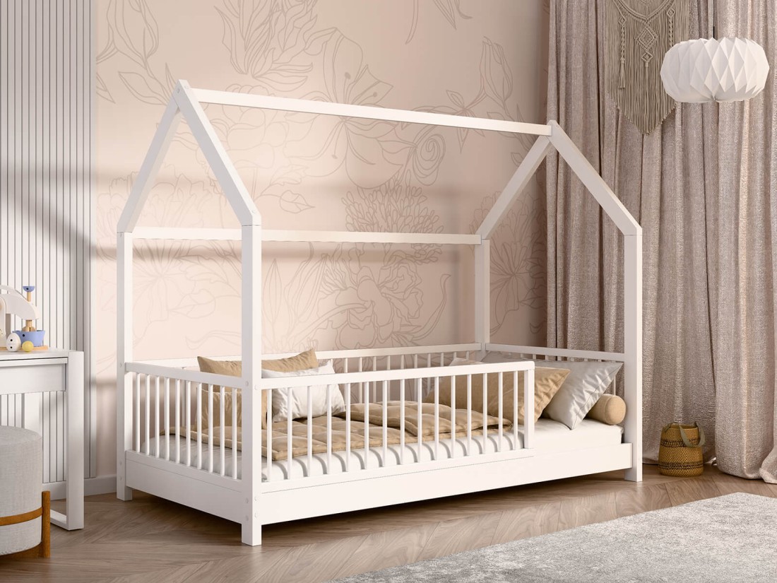 Lettino Montessori 80x160 cm a Casetta Bianco e sponde D9