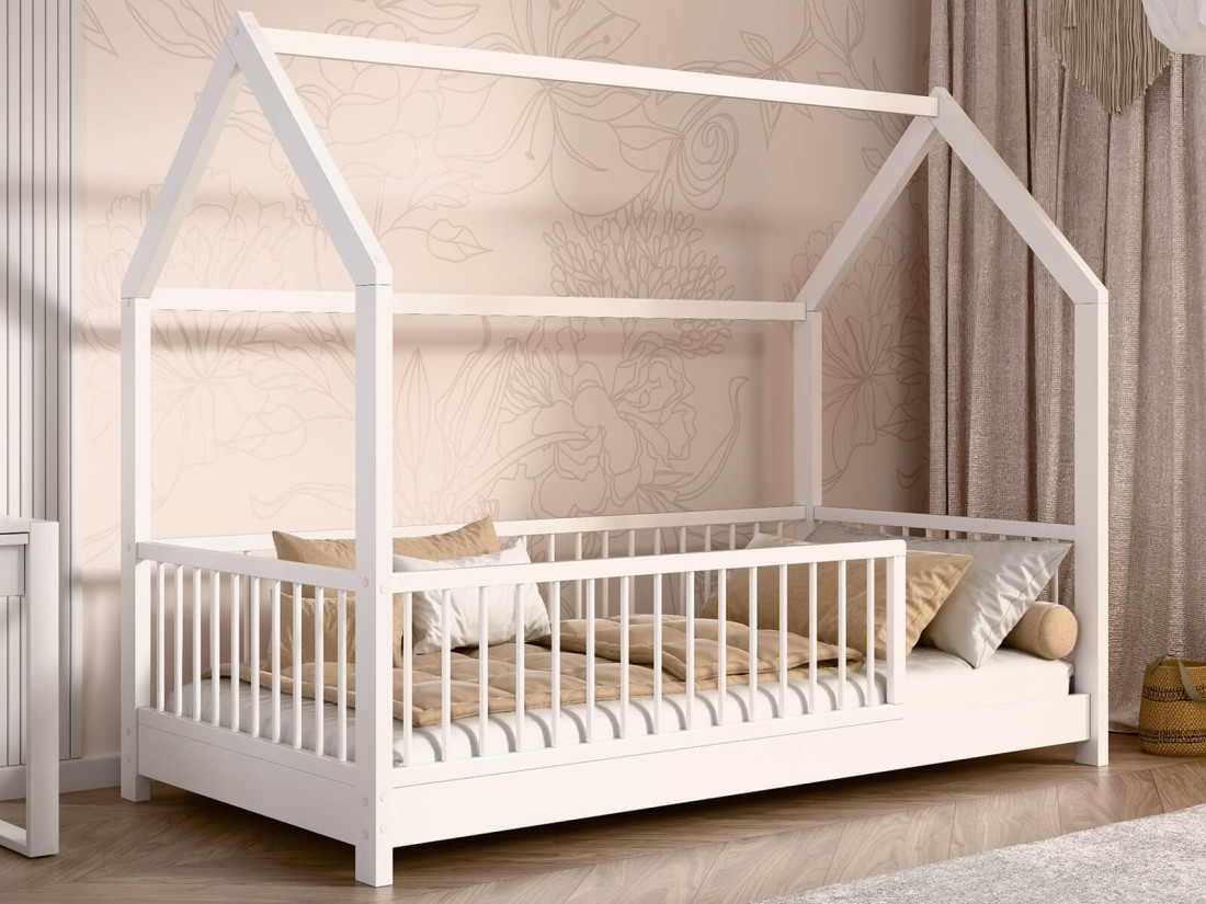 Lettino Montessori 80x160 cm a Casetta Bianco e sponde D9