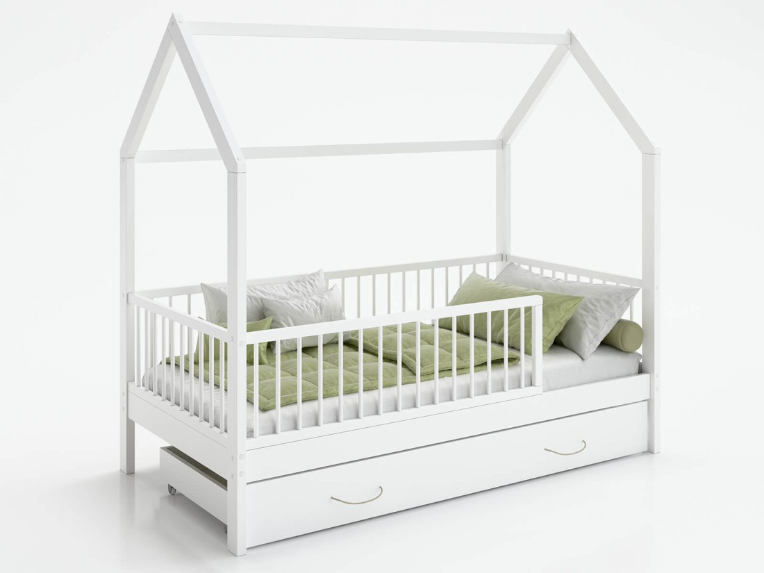 Lettino Montessori 80x160 cm a Casetta Bianco con cassettone e sponde D9S