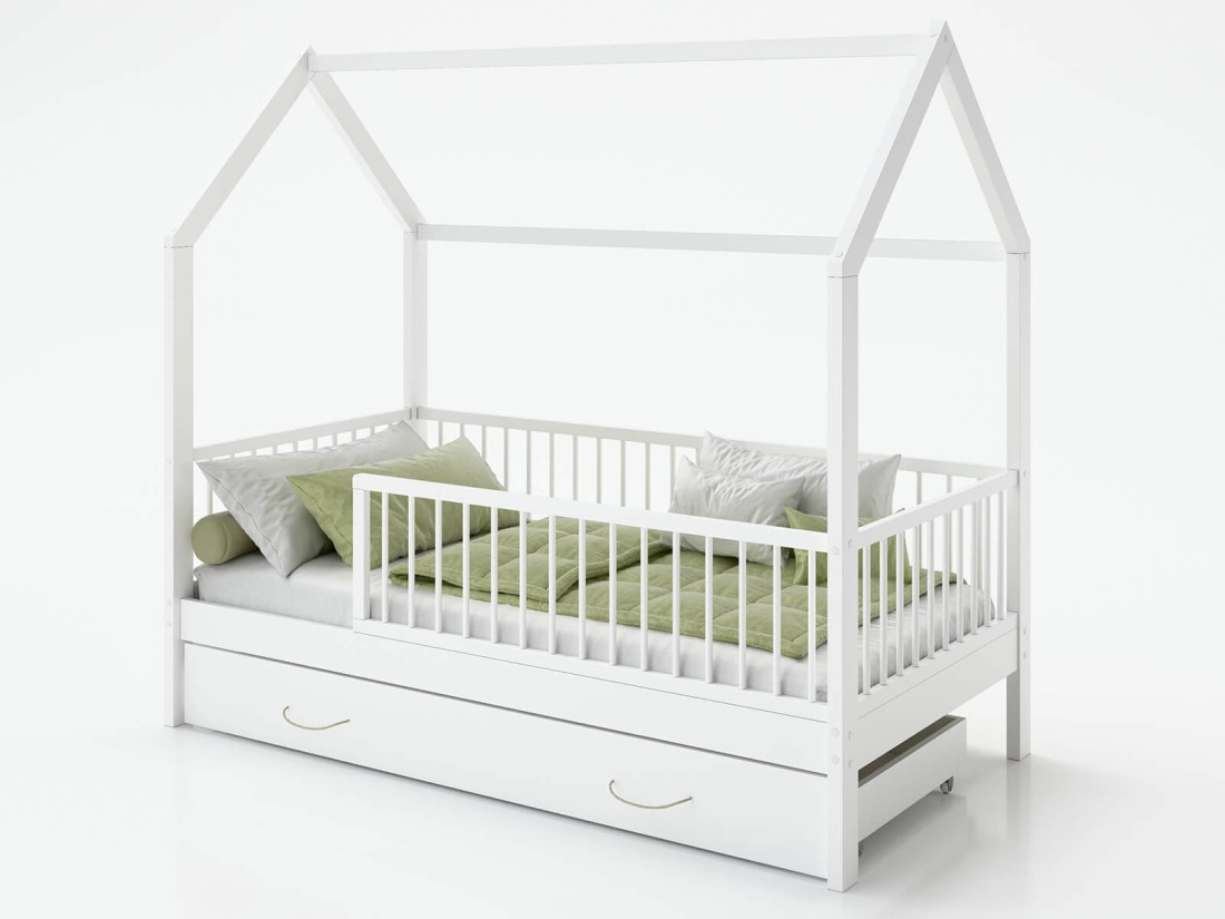 Lettino Montessori 80x160 cm a Casetta Bianco con cassettone e sponde D9S