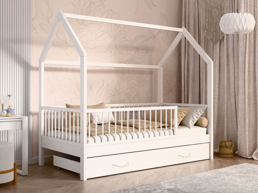 Lettino Montessori 80x160 cm a Casetta Bianco con cassettone e sponde D9S