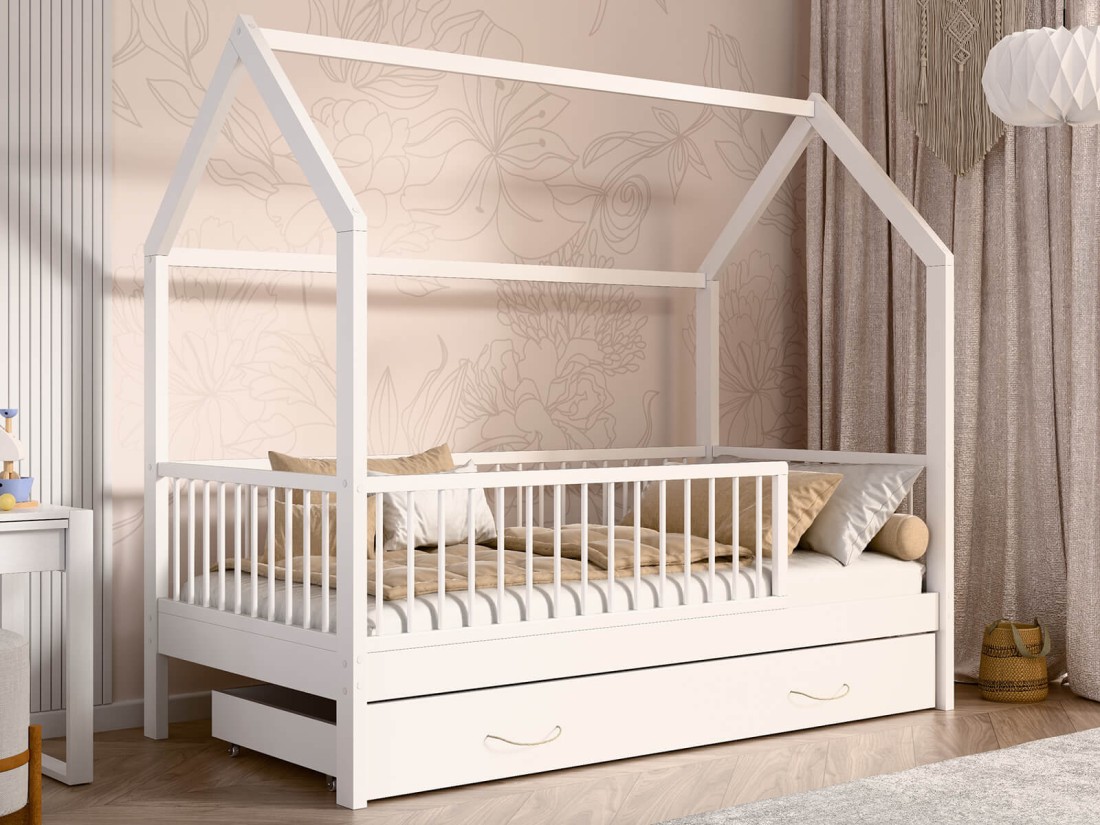 Lettino Montessori 80x160 cm a Casetta Bianco con cassettone e sponde D9S
