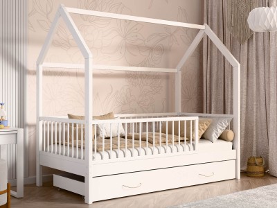 Lettino Montessori 80x160 cm a Casetta Bianco con cassettone e sponde D9S