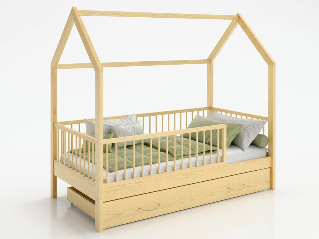 Lettino Montessori 80x160 cm a Casetta Pino con cassettone e sponde D9S