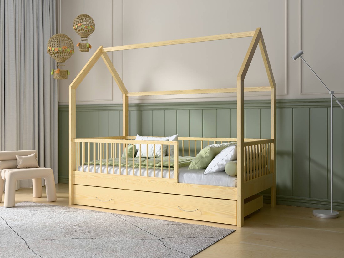 Lettino Montessori 80x160 cm a Casetta Pino con cassettone e sponde D9S