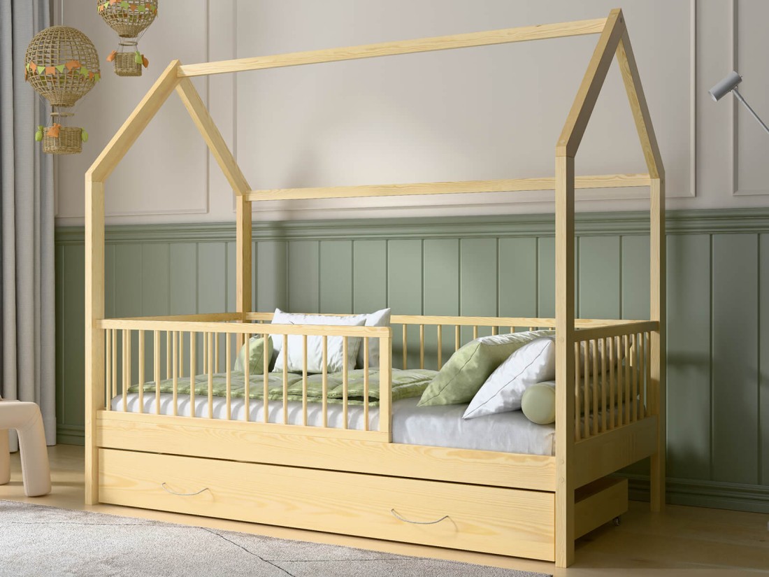 Lettino Montessori 80x160 cm a Casetta Pino con cassettone e sponde D9S