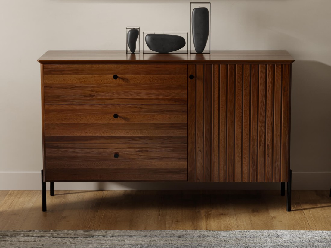 Cassettiera Lamelo in legno di faggio  larghezza 143 cm, noce scuro