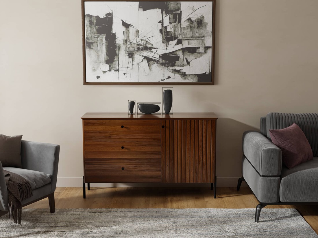 Cassettiera Lamelo in legno di faggio  larghezza 143 cm, noce scuro