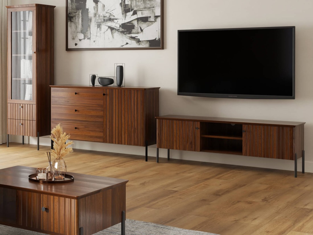 Armadio RTV in legno di faggio Lamelo larghezza 158 cm noce scuro