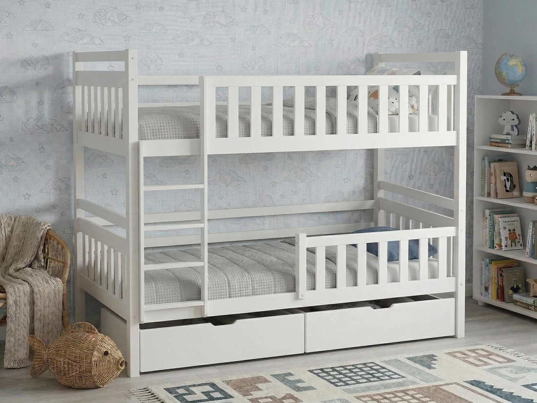Letto a castello in legno 90x200 con cassetti P4S in bianco