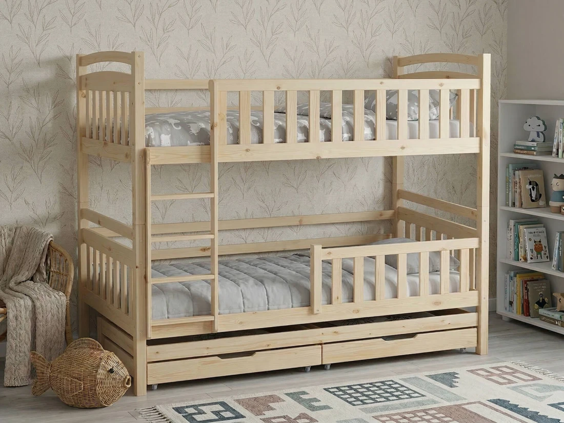 Letto a castello in legno per 3 persone 90x200 cm con cassetti P3S pino