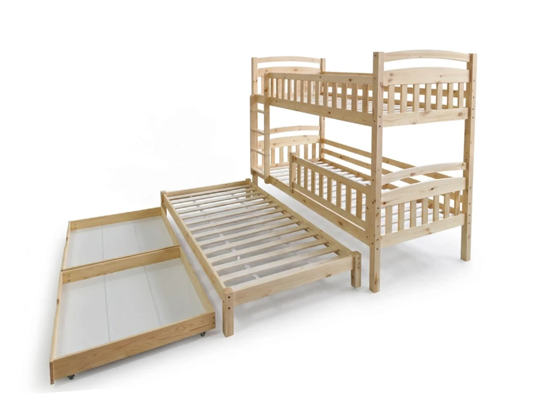 Letto a castello in legno per 3 persone 90x200 cm con cassetti P3S pino