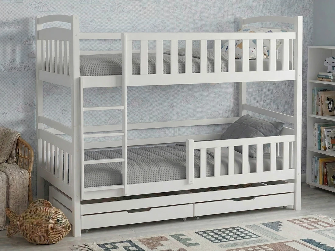 Letto a castello in legno per 3 persone 90x200 cm con cassetti P3S bianco