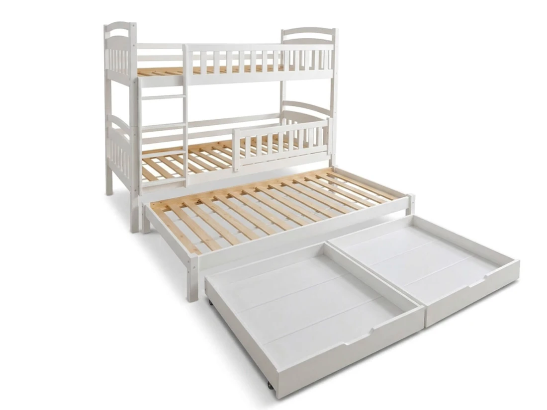 Letto a castello in legno per 3 persone 90x200 cm con cassetti P3S bianco